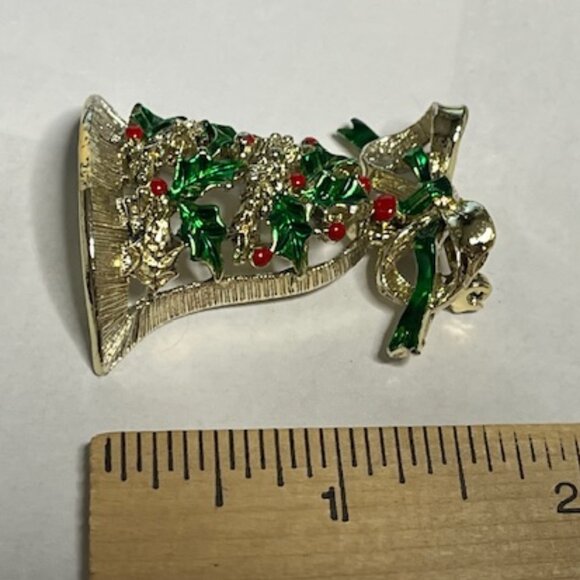 VTG Gerry's Christmas Holiday Bell Gold Tone Red Green Movable Bow Brooch Pin 2" - Picture 12 of 15